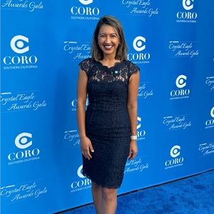 Monique Lhuillier navy lace cocktail dress